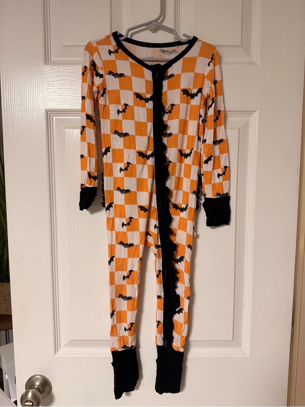 Bamboo Kids Orange & White Checker One-Piece Ruffle Pajamas with Bats